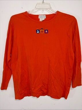 Mandal Bay Orange Halloween Long Sleeve Tee Women’s Large Embroidered
